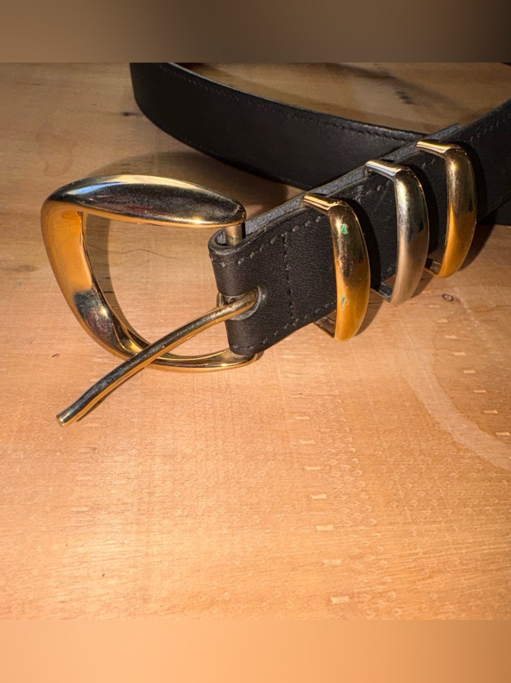 Women’s Leather Belt with Gold Buckle and Mixed Metal Accents - Genuine Leather